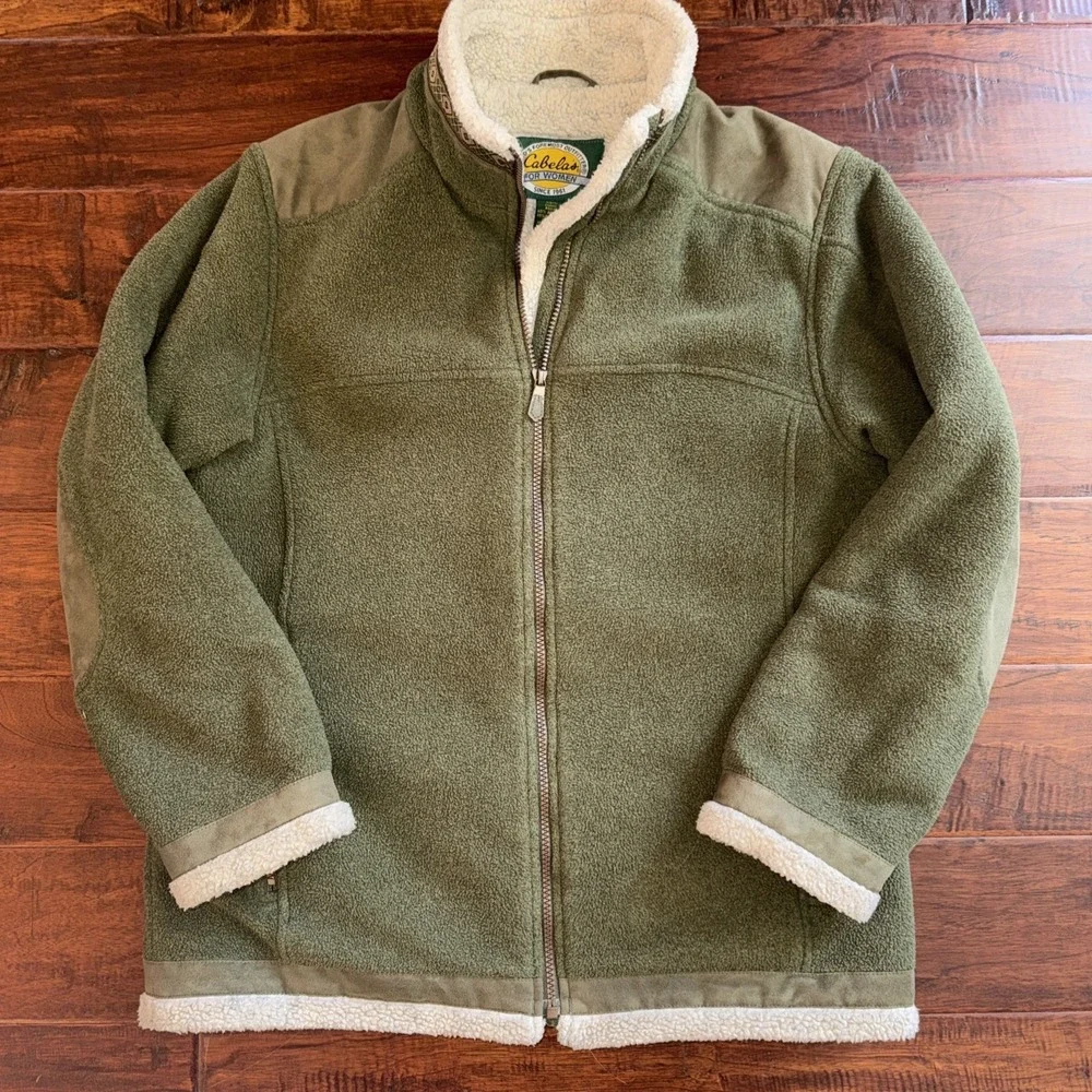 Cabela's Fleece Sherpa Jacket Olive Green Faux Patches Size Medium Farm Outdoor‎
